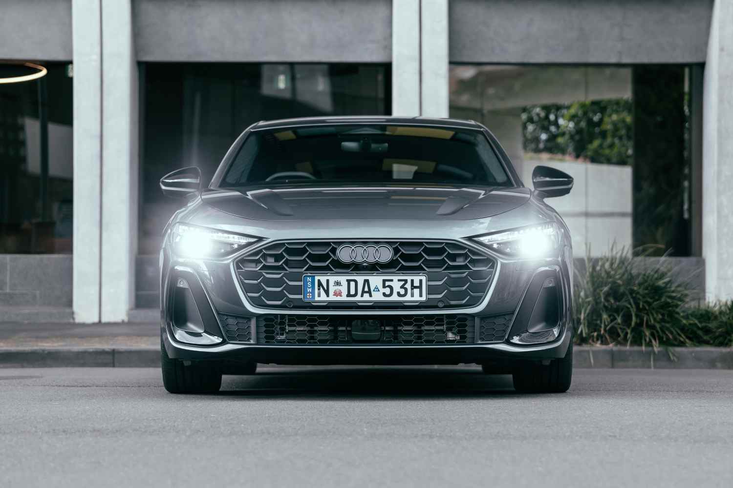 Audi A5 e-hybrid sedan front grill view 1